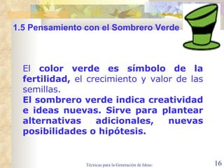 El  color verde es símbolo de la fertilidad,  el crecimiento y valor de las semillas.  El sombrero verde indica creatividad e ideas nuevas.   Sirve para plantear alternativas adicionales, nuevas posibilidades o hipótesis.   1.5  Pensamiento con el Sombrero Verde 