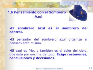 El sombrero azul es el sombrero del control.   El pensador del sombrero azul organiza el pensamiento mismo.  El azul es frío, y también es el color del cielo, que está por encima de todo.  Exige resúmenes, conclusiones y decisiones. 1.6  Pensamiento con el Sombrero Azul 