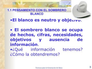 El blanco es neutro y objetivo . El sombrero blanco se ocupa de hechos , cifras, necesidades,  objetivos  y ausencia de información .  ¿Qué información tenemos? ¿Cómo la obtendremos? 1.1  PENSAMIENTO CON EL SOMBRERO BLANCO 
