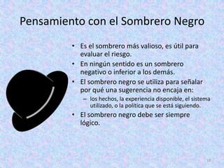 Pensamiento con el Sombrero Negro
         • Es el sombrero más valioso, es útil para
           evaluar el riesgo.
         • En ningún sentido es un sombrero
           negativo o inferior a los demás.
         • El sombrero negro se utiliza para señalar
           por qué una sugerencia no encaja en:
            – los hechos, la experiencia disponible, el sistema
              utilizado, o la política que se está siguiendo.
         • El sombrero negro debe ser siempre
           lógico.



                                                             10
 
