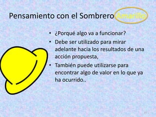 Pensamiento con el Sombrero Amarillo
          • ¿Porqué algo va a funcionar?
          • Debe ser utilizado para mirar
            adelante hacia los resultados de una
            acción propuesta,
          • También puede utilizarse para
            encontrar algo de valor en lo que ya
            ha ocurrido..




                                               11
 