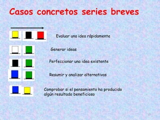 Casos concretos series breves

             Evaluar una idea rápidamente


          Generar ideas


         Perfeccionar una idea existente


         Resumir y analizar alternativas


       Comprobar si el pensamiento ha producido
       algún resultado beneficioso



                                                  17
 