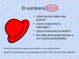 El sombrero ROJO
                                     • ¿Qué sientes sobre este
                                       asunto?
                                     • ¿cómo reacciona tu
                                       estomago?
                                     • ¿Qué intuiciones te vienen?
                                     • No estés demasiado tiempo o
                                       con mucha profundidad.


Permite al participante exponer una intuición sin tener que justificarla.
Autoriza al participante a que exponga sus sentimientos sin tener que explicarlo.
                                                                              8
 
