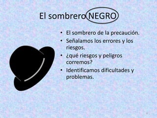 El sombrero NEGRO
    • El sombrero de la precaución.
    • Señalamos los errores y los
      riesgos.
    • ¿qué riesgos y peligros
      corremos?
    • Identificamos dificultades y
      problemas.




                                      9
 
