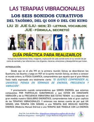 Prof. Dr. Luis del Rio Diez. https://www.sintergetica.org/luis-del-rio-diez/
Medicina Integrativa – Sintergética - Grupo Medicina Integrativa Santa Fe
LAS TERAPIAS VIBRACIONALES
LOS SEIS SONIDOS CURATIVOS
DEL TAOÍSMO, DEL QI GON O DEL CHI KUNG
LIU ZI JUE (LIU - seis; ZI - letras, vocablos;
JUE - fórmula, secreto)
GUÍA PRÁCTICA PARA REALIZARLOS
Incluye los fundamentos fotos, imágenes, explicación de cada sonido tanto en su versión de pie
como de sentado y las referencias a los órganos, vísceras, emociones y desequilibrios que tratan.
INTRODUCCIÓN.
Desde que en el año 1911 en la primera reunión Solvay se describieran los
Quantums, los Quarks y luego en 1927 en la quinta reunión Solvay, se diera a conocer
al mundo entero, la FÍSICA CUANTICA, comprendimos que aquello que el gran Nikola
Tesla había expresado era totalmente cierto: “SI QUIERES COMPRENDER AL
UNIVERSO, PIENSA EN TÉRMINOS DE ENERGÍA, FRECUENCIA Y
VIBRACIÓN”.
Y precisamente cuando comprendemos que SOMOS ENERGÍA, que estamos
compuestos POR PARTÍCULAS SUBATOMICAS y que ESTÁN EN CONSTANTE
VIBRACIÓN y de la FRECUENCIA VIBRATORIA QUE ESTAS TIENEN va a depender en
gran medida nuestro EQUILIBRIO ENERGÉTICO, comprendemos todo el gran capítulo
de las TERAPIAS VIBRACIONALES. Y entonces nos damos cuenta de por qué UN
SONIDO, UNA TERAPIA CON SONIDO, o una TERAPIA QUE MOVILICE NUESTRA
ENERGÍA (Medicina Manual Etérica) o una TERAPIA QUE TRABAJE CON LA ENERGÍA
 