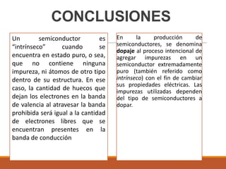 CONCLUSIONES
Un
semiconductor
es
“intrínseco”
cuando
se
encuentra en estado puro, o sea,
que no contiene ninguna
impureza, ni átomos de otro tipo
dentro de su estructura. En ese
caso, la cantidad de huecos que
dejan los electrones en la banda
de valencia al atravesar la banda
prohibida será igual a la cantidad
de electrones libres que se
encuentran presentes en la
banda de conducción

En
la
producción
de
semiconductores, se denomina
dopaje al proceso intencional de
agregar impurezas en un
semiconductor extremadamente
puro (también referido como
intrínseco) con el fin de cambiar
sus propiedades eléctricas. Las
impurezas utilizadas dependen
del tipo de semiconductores a
dopar.

 