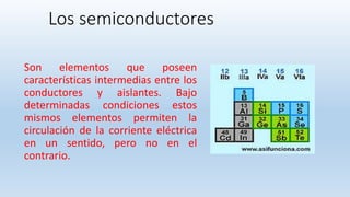 Los semiconductores
Son elementos que poseen
características intermedias entre los
conductores y aislantes. Bajo
determinadas condiciones estos
mismos elementos permiten la
circulación de la corriente eléctrica
en un sentido, pero no en el
contrario.
 