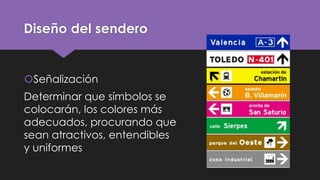 Diseño del sendero

Señalización
Determinar que símbolos se
colocarán, los colores más
adecuados, procurando que
sean atractivos, entendibles
y uniformes

 