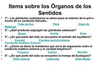 Items sobre los Órganos de los Sentidos 1ª.- Las glándulas sudoríparas se abren paso al exterior de la piel a través de un conducto llamado...                    Tubo  ecrino                           Poro                           Capa de  Malphigi   2ª.- ¿Qué producto segregan las glándulas sebáceas?                   Grasa                                  Aceite                              Sebo   3ª.- ¿En qué parte del oído se encuentra el sentido del equilibrio?               Caracol                    Canales  semicirculares             Conducto Auditivo Externo   4ª.- ¿Cómo se llama la membrana que sirve de separación entre el conducto auditivo externo y la cavidad timpánica?                  Tímpano                           Cóclea                             Martillo   5ª.- ¿En qué parte del oído se encuentra la trompa de Eustaquio?             Oído Interno                        Laberinto                       Oído  Medio   