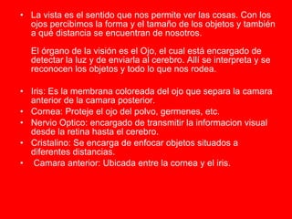 La vista es el sentido que nos permite ver las cosas. Con los ojos percibimos la forma y el tamaño de los objetos y también a qué distancia se encuentran de nosotros. El órgano de la visión es el Ojo, el cual está encargado de detectar la luz y de enviarla al cerebro. Allí se interpreta y se reconocen los objetos y todo lo que nos rodea.  Iris: Es la membrana coloreada del ojo que separa la camara anterior de la camara posterior. Cornea: Proteje el ojo del polvo, germenes, etc. Nervio Optico: encargado de transmitir la informacion visual desde la retina hasta el cerebro. Cristalino: Se encarga de enfocar objetos situados a diferentes distancias. Camara anterior: Ubicada entre la cornea y el iris. 