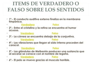 ITEMS DE VERDADERO O
FALSO SOBRE LOS SENTIDOS
• 1ª.- El conducto auditivo externo finaliza en la membrana
timpánica.
•                  Verdadero                         Falso
• 2ª.- Entre el cristalino y la retina se encuentra el humor
acuoso.
•                 Verdadero                         Falso
• 3ª.- La córnea se encuentra debajo de la conjuntiva.
•                 Verdadero                         Falso
• 4ª.- Las vibraciones que llegan al oído interno proceden del
caracol.
•                  Verdadero                         Falso
• 5ª.- Las glándulas de Meibomio producen una sustancia que
al secarse se conoce con el nombre de legaña.
•                 Verdadero                         Falso
• 6ª.- El pelo se mueve gracias al musculo horrible.
 