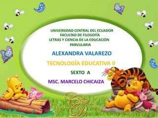 UNIVERSIDAD CENTRAL DEL ECUADOR
FACULTAD DE FILOSOFÍA
LETRAS Y CIENCIA DE LA EDUCACIÓN
PARVULARIA
ALEXANDRA VALAREZO
TECNOLOGÍA EDUCATIVA II
SEXTO A
MSC. MARCELO CHICAIZA
 