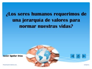 ¿Los seres humanos requerimos de
        una jerarquía de valores para
           normar nuestras vidas?




Javier Aguilar Arias


Presentación Valores 2012   1      10/19/2012
 