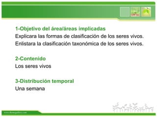 1-Objetivo del área/áreas implicadas    Explicara las formas de clasificación de los seres vivos.    Enlistara la clasificación taxonómica de los seres vivos. 2-Contenido    Los seres vivos  3-Distribución temporal    Una semana