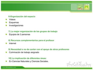 6-Organización del espacioVideosEsquemasInvestigaciones     7) La mejor organización de los grupos de trabajoEquipos de 3 personas8) Recursos complementarios para el profesorInternet9) Necesidad o no de contar con el apoyo de otros profesoresCulminación de trabajo asignado10) La implicación de diferentes áreas:En Ciencias Naturales y Ciencias Sociales.