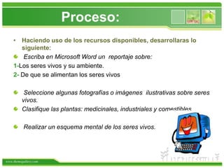 Proceso:Haciendo uso de los recursos disponibles, desarrollaras lo siguiente:Escriba en Microsoft Word un  reportaje sobre:1-Los seres vivos y su ambiente.2- De que se alimentan los seres vivosSeleccione algunas fotografías o imágenes  ilustrativas sobre seres vivos.Clasifique las plantas: medicinales, industriales y comestibles. Realizar un esquema mental de los seres vivos.