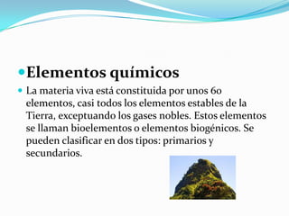 Elementos químicosLa materia viva está constituida por unos 60 elementos, casi todos los elementos estables de la Tierra, exceptuando los gases nobles. Estos elementos se llaman bioelementos o elementos biogénicos. Se pueden clasificar en dos tipos: primarios y secundarios.