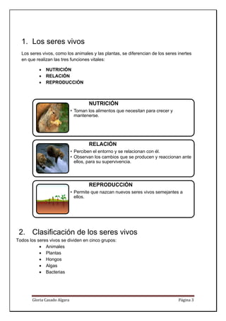  


  1. Los seres vivos
  Los seres vivos, como los animales y las plantas, se diferencian de los seres inertes
  en que realizan las tres funciones vitales:

           •   NUTRICIÓN
           •   RELACIÓN
           •   REPRODUCCIÓN



                                       NUTRICIÓN
                               • Toman los alimentos que necesitan para crecer y
                                 mantenerse.




                                       RELACIÓN
                               • Perciben el entorno y se relacionan con él.
                               • Observan los cambios que se producen y reaccionan ante
                                 ellos, para su supervivencia.




                                       REPRODUCCIÓN
                               • Permite que nazcan nuevos seres vivos semejantes a
                                 ellos.




 2. Clasificación de los seres vivos
Todos los seres vivos se dividen en cinco grupos:
           • Animales
           • Plantas
           • Hongos
           • Algas
           • Bacterias




       Gloria Casado Algara                                                        Página 3 
        
 