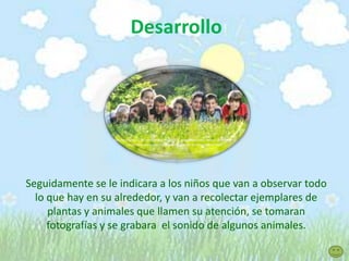 Desarrollo
Seguidamente se le indicara a los niños que van a observar todo
lo que hay en su alrededor, y van a recolectar ejemplares de
plantas y animales que llamen su atención, se tomaran
fotografías y se grabara el sonido de algunos animales.
URL:http://es.123rf.com/photo_6484156_grupo-de-ninos-felices-divertirse-a
l-aire-libre-en-la-naturaleza-en-el-dia-de-la-universidad.html
 