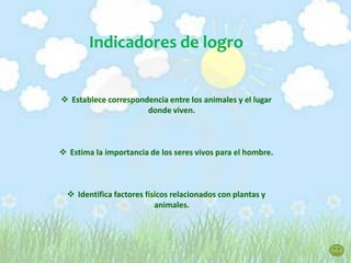 Indicadores de logro
 Establece correspondencia entre los animales y el lugar
donde viven.
 Estima la importancia de los seres vivos para el hombre.
 Identifica factores físicos relacionados con plantas y
animales.
 