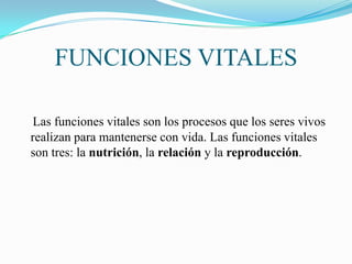 FUNCIONES VITALES
Las funciones vitales son los procesos que los seres vivos
realizan para mantenerse con vida. Las funciones vitales
son tres: la nutrición, la relación y la reproducción.

 