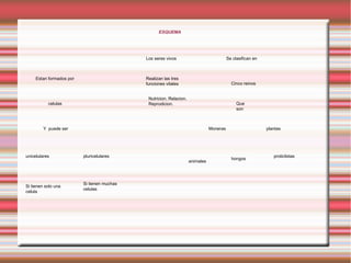 ESQUEMA Los seres vivos Estan formados por celulas Y  puede ser unicelulares pluricelulares Si tienen solo una celula Si tienen muchas celulas Realizan las tres funciones vitales Nutricion. Relacion. Reprodicion. Se clasifican en Cinco reinos Que son proticlistas hongos animales plantas Moneras 