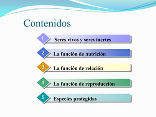 Contenidos
   1   Seres vivos y seres inertes

   2   La función de nutrición

   3   La función de relación

   4   La fu...