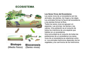 Los Seres Vivos del Ecosistema
Los seres vivos de un ecosistema son los
animales, las plantas, los hogos y las algas.
Los animales forman la fauna del ecosistema
y las plantas forman la flora.
Todos los seres vivos se agrupan en
especies. Las encinas, los leones o las
cabras. Una población es el conjunto de
todos los miembros de una especie que
habitan en un ecosistema.
Una comunidad es el conjunto de todas las
poblaciones de un ecosistema.Los seres
vivos de un ecosistema se relacionan entre
sí. Los animales herbívoros dependen de los
vegetales y los carnívoros de los herbívoros.

 