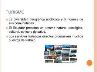 TURISMO
 La diversidad geográfica ecológica y la riqueza de
sus comunidades .
 El Ecuador presenta un turismo natural, ecológico,
cultural, étnico y de salud.
 Los servicios turísticos directos promueven muchos
puestos de trabajo.
 