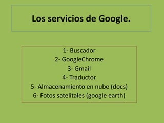 Los servicios de Google.


            1- Buscador
         2- GoogleChrome
              3- Gmail
            4- Traductor
5- Almacenamiento en nube (docs)
 6- Fotos satelitales (google earth)
 