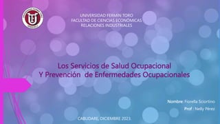 Los Servicios de Salud Ocupacional
Y Prevención de Enfermedades Ocupacionales
Nombre: Fiorella Sciortino
Prof : Nelly Pérez
UNIVERSIDAD FERMÍN TORO
FACULTAD DE CIENCIAS ECONÓMICAS
RELACIONES INDUSTRIALES
CABUDARE, DICIEMBRE 2023.
 
