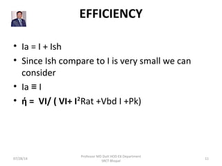 EFFICIENCY
• Ia = I + Ish
• Since Ish compare to I is very small we can
consider
• Ia I≡
• ή = VI/ ( VI+ I²Rat +Vbd I +Pk)
07/28/14
Professor MD Dutt HOD EX Department
SRCT Bhopal
11
 