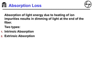 Absorption Loss
Absorption of light energy due to heating of ion
impurities results in dimming of light at the end of the
fiber.
Two types:
1. Intrinsic Absorption
2. Extrinsic Absorption
 