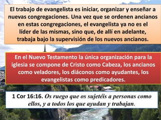 El trabajo de evangelista es iniciar, organizar y enseñar a
nuevas congregaciones. Una vez que se ordenen ancianos
en estas congregaciones, el evangelista ya no es el
líder de las mismas, sino que, de allí en adelante,
trabaja bajo la supervisión de los nuevos ancianos.
En el Nuevo Testamento la única organización para la
iglesia se compone de Cristo como Cabeza, los ancianos
como veladores, los diáconos como ayudantes, los
evangelistas como predicadores.
1 Cor 16:16. Os ruego que os sujetéis a personas como
ellos, y a todos los que ayudan y trabajan.

 