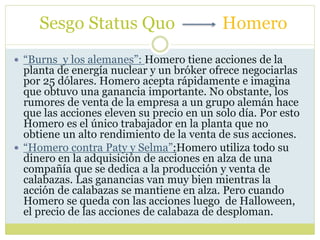 Sesgo Status Quo Homero
 “Burns y los alemanes”: Homero tiene acciones de la
planta de energía nuclear y un bróker ofrece negociarlas
por 25 dólares. Homero acepta rápidamente e imagina
que obtuvo una ganancia importante. No obstante, los
rumores de venta de la empresa a un grupo alemán hace
que las acciones eleven su precio en un solo día. Por esto
Homero es el único trabajador en la planta que no
obtiene un alto rendimiento de la venta de sus acciones.
 “Homero contra Paty y Selma”:Homero utiliza todo su
dinero en la adquisición de acciones en alza de una
compañía que se dedica a la producción y venta de
calabazas. Las ganancias van muy bien mientras la
acción de calabazas se mantiene en alza. Pero cuando
Homero se queda con las acciones luego de Halloween,
el precio de las acciones de calabaza de desploman.
 
