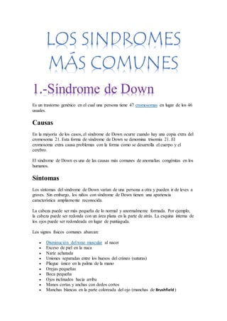 LOS SINDROMES
MÁS COMUNES
1.-Síndrome de Down
Es un trastorno genético en el cual una persona tiene 47 cromosomas en lugar de los 46
usuales.
Causas
En la mayoría de los casos, el síndrome de Down ocurre cuando hay una copia extra del
cromosoma 21. Esta forma de síndrome de Down se denomina trisomía 21. El
cromosoma extra causa problemas con la forma como se desarrolla el cuerpo y el
cerebro.
El síndrome de Down es una de las causas más comunes de anomalías congénitas en los
humanos.
Síntomas
Los síntomas del síndrome de Down varían de una persona a otra y pueden ir de leves a
graves. Sin embargo, los niños con síndrome de Down tienen una apariencia
característica ampliamente reconocida.
La cabeza puede ser más pequeña de lo normal y anormalmente formada. Por ejemplo,
la cabeza puede ser redonda con un área plana en la parte de atrás. La esquina interna de
los ojos puede ser redondeada en lugar de puntiaguda.
Los signos físicos comunes abarcan:
 Disminución del tono muscular al nacer
 Exceso de piel en la nuca
 Nariz achatada
 Uniones separadas entre los huesos del cráneo (suturas)
 Pliegue único en la palma de la mano
 Orejas pequeñas
 Boca pequeña
 Ojos inclinados hacia arriba
 Manos cortas y anchas con dedos cortos
 Manchas blancas en la parte coloreada del ojo (manchas de Brushfield)
 