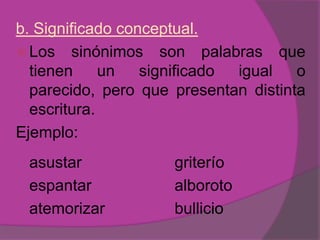 b. Significado conceptual.
 Los sinónimos son palabras que
tienen un significado igual o
parecido, pero que presentan distinta
escritura.
Ejemplo:
asustar griterío
espantar alboroto
atemorizar bullicio
 