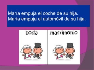María empuja el coche de su hija.
María empuja el automóvil de su hija.
 