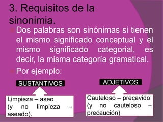 3. Requisitos de la
sinonimia.
 Dos palabras son sinónimas si tienen
el mismo significado conceptual y el
mismo significado categorial, es
decir, la misma categoría gramatical.
 Por ejemplo:
SUSTANTIVOS
Limpieza – aseo
(y no limpieza –
aseado).
ADJETIVOS
Cauteloso – precavido
(y no cauteloso –
precaución)
 
