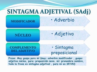 SINTAGMA ADJETIVAL (SAdj)
 MODIFICADOR                      • Adverbio


     NÚCLEO                        • Adjetivo

COMPLEMENTO                        • Sintagma
                                   preposicional
 DEL ADJETIVO

Frase: Muy guapa para mí (muy: adverbio modificador , guapa:
adjetivo núcleo, para: preposición nexo, mí: pronombre nombre,
toda la frase es sintagma adjetival , para mi es SP/CN)
 