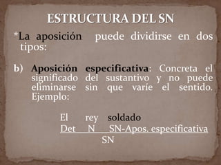 *La aposición   puede dividirse en dos
 tipos:
b) Aposición especificativa: Concreta el
   significado del sustantivo y no puede
   eliminarse sin que varíe el sentido.
   Ejemplo:

         El  rey soldado
         Det N SN-Apos. especificativa
                SN
 