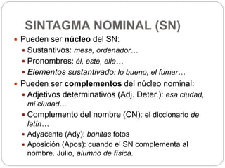 SINTAGMA NOMINAL (SN)
 Pueden ser núcleo del SN:
 Sustantivos: mesa, ordenador…
 Pronombres: él, este, ella…
 Elementos sustantivado: lo bueno, el fumar…
 Pueden ser complementos del núcleo nominal:
 Adjetivos determinativos (Adj. Deter.): esa ciudad,
mi ciudad…
 Complemento del nombre (CN): el diccionario de
latín…
 Adyacente (Ady): bonitas fotos
 Aposición (Apos): cuando el SN complementa al
nombre. Julio, alumno de física.
 