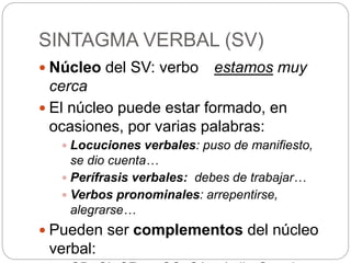 SINTAGMA VERBAL (SV)
 Núcleo del SV: verbo estamos muy
cerca
 El núcleo puede estar formado, en
ocasiones, por varias palabras:
 Locuciones verbales: puso de manifiesto,
se dio cuenta…
 Perífrasis verbales: debes de trabajar…
 Verbos pronominales: arrepentirse,
alegrarse…
 Pueden ser complementos del núcleo
verbal:
 
