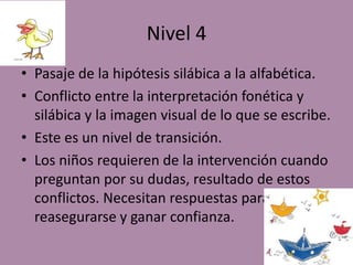 Nivel 4
• Pasaje de la hipótesis silábica a la alfabética.
• Conflicto entre la interpretación fonética y
  silábica y la imagen visual de lo que se escribe.
• Este es un nivel de transición.
• Los niños requieren de la intervención cuando
  preguntan por su dudas, resultado de estos
  conflictos. Necesitan respuestas para
  reasegurarse y ganar confianza.
 