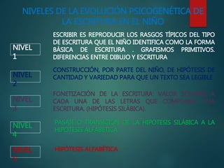 NIVELES DE LA EVOLUCIÓN PSICOGENÉTICA DE
LA ESCRITURA EN EL NIÑO
NIVEL
1
NIVEL
2
NIVEL
3
NIVEL
4
NIVEL
5
ESCRIBIR ES REPRODUCIR LOS RASGOS TÍPICOS DEL TIPO
DE ESCRITURA QUE EL NIÑO IDENTIFICA COMO LA FORMA
BÁSICA DE ESCRITURA . GRAFISMOS PRIMITIVOS.
DIFERENCIAS ENTRE DIBUJO Y ESCRITURA
CONSTRUCCIÓN, POR PARTE DEL NIÑO, DE HIPÓTESIS DE
CANTIDAD Y VARIEDAD PARA QUE UN TEXTO SEA LEGIBLE
FONETIZACIÓN DE LA ESCRITURA: VALOR SONORO A
CADA UNA DE LAS LETRAS QUE COMPONEN UNA
ESCRITURA. (HIPÓTESIS SILÁBICA).
PASAJE O TRANSICIÓN DE LA HIPÓTESIS SILÁBICA A LA
HIPÓTESIS ALFABÉTICA.
HIPÓTESIS ALFABÉTICA
 