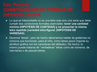 2do. Período.
CONSTRUCCIÓN DE FORMAS DE
DIFERENCIACIÓN.
 Lo que es interpretable no es una letra sola sino una serie que debe
cumplir dos condiciones formales esenciales: tener una cantidad
mínima (HIPOTESIS DE CANTIDAD) y no presentar la misma
letra repetida (variedad intra-figural. (HIPOTESIS DE
VARIEDAD).
 Decimos “letras”, pero de hecho deberíamos hablar de grafemas no
icónicos que funcionan, para el niño, como letras (poco importa su
similitud gráfica con los caracteres del alfabeto). De hecho, lo
mismo puede tratarse de “verdaderas” letras como de números, de
casi-letras o de pseudo-letras.
 