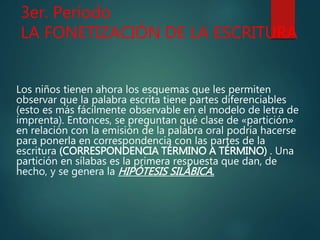 3er. Período
LA FONETIZACIÓN DE LA ESCRITURA
Los niños tienen ahora los esquemas que les permiten
observar que la palabra escrita tiene partes diferenciables
(esto es más fácilmente observable en el modelo de letra de
imprenta). Entonces, se preguntan qué clase de «partición»
en relación con la emisión de la palabra oral podría hacerse
para ponerla en correspondencia con las partes de la
escritura (CORRESPONDENCIA TÉRMINO A TÉRMINO) . Una
partición en sílabas es la primera respuesta que dan, de
hecho, y se genera la HIPÓTESIS SILÁBICA.
 