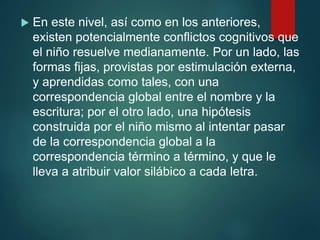  En este nivel, así como en los anteriores,
existen potencialmente conflictos cognitivos que
el niño resuelve medianamente. Por un lado, las
formas fijas, provistas por estimulación externa,
y aprendidas como tales, con una
correspondencia global entre el nombre y la
escritura; por el otro lado, una hipótesis
construida por el niño mismo al intentar pasar
de la correspondencia global a la
correspondencia término a término, y que le
lleva a atribuir valor silábico a cada letra.
 