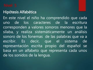 Nivel 5
En este nivel el niño ha comprendido que cada
uno de los caracteres de la escritura
corresponden a valores sonoros menores que la
sílaba, y realiza sistemáticamente un análisis
sonoro de los fonemas de las palabras que va a
escribir. Es decir, que el sistema de
representación escrita propio del español se
basa en un alfabeto que representa cada unos
de los sonidos de la lengua.
Hipótesis Alfabética
 