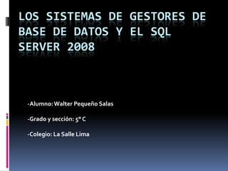 LOS SISTEMAS DE GESTORES DE
BASE DE DATOS Y EL SQL
SERVER 2008



 -Alumno: Walter Pequeño Salas

 -Grado y sección: 5° C

 -Colegio: La Salle Lima
 